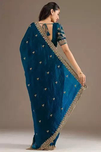 Enchanting blue tissue silk zari and sequins embroidered indian latest design party wear saree