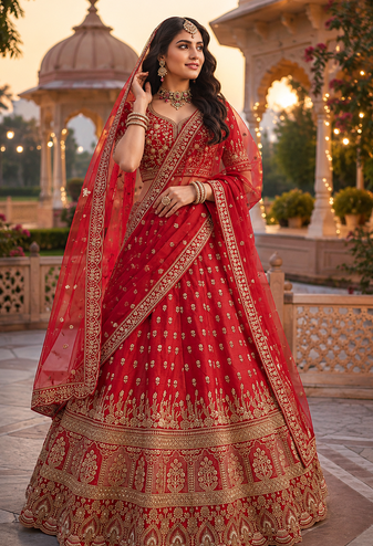 Red color Beads Handwork Motif Work Dori Embroidered Zari and Sequence work silk blend Lehenga choli set