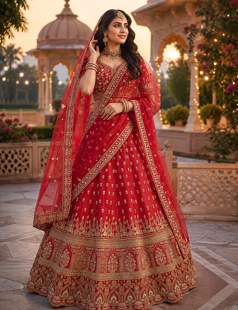 Red color Beads Handwork Motif Work Dori Embroidered Zari and Sequence work silk blend Lehenga choli set