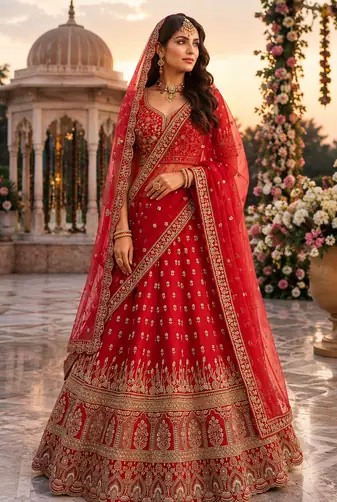 Red color Beads Handwork Motif Work Dori Embroidered Zari and Sequence work silk blend Lehenga choli set