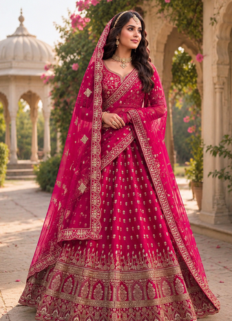 Pink color Beads Handwork Motif Work Dori Embroidered Zari and Sequence work silk blend Lehenga choli set