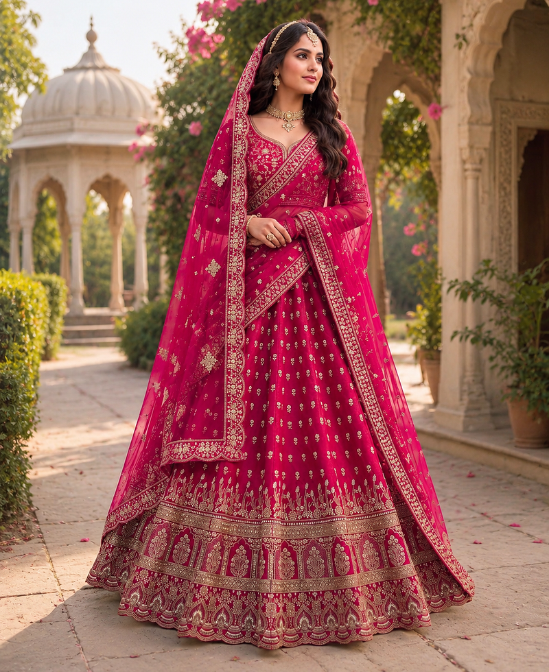 Pink color Beads Handwork Motif Work Dori Embroidered Zari and Sequence work silk blend Lehenga choli set