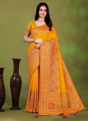 Premium  musturd yellow row pashmina silk blend party wear saree with blouse 1