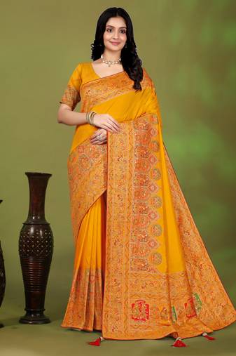 Premium  musturd yellow row pashmina silk blend party wear saree with blouse