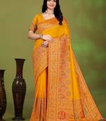 Premium  musturd yellow row pashmina silk blend party wear saree with blouse