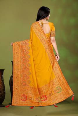Premium  musturd yellow row pashmina silk blend party wear saree with blouse 2