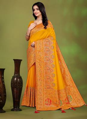 Premium  musturd yellow row pashmina silk blend party wear saree with blouse 3