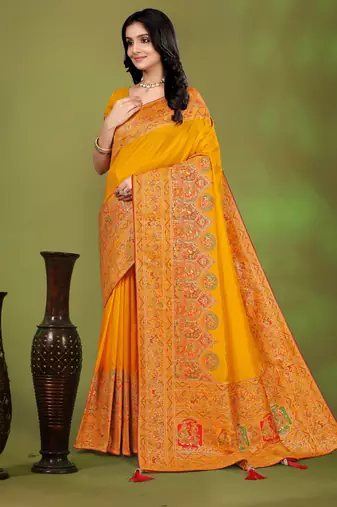 Premium  musturd yellow row pashmina silk blend party wear saree with blouse