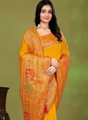 Premium  musturd yellow row pashmina silk blend party wear saree with blouse 4