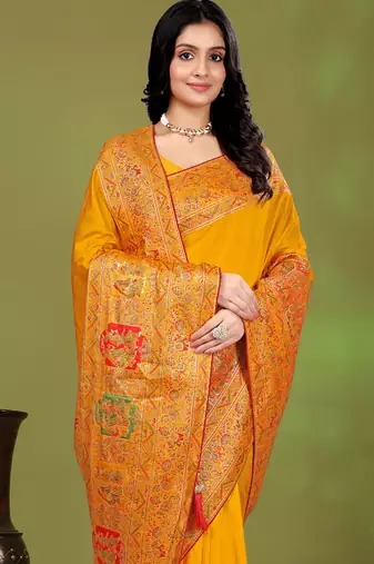 Premium  musturd yellow row pashmina silk blend party wear saree with blouse