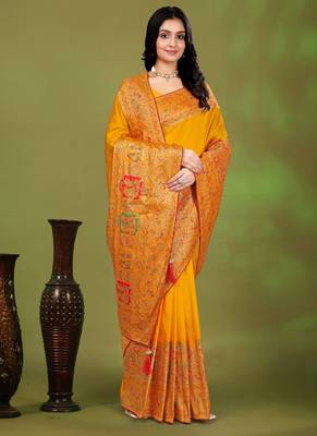 Premium  musturd yellow row pashmina silk blend party wear saree with blouse 5