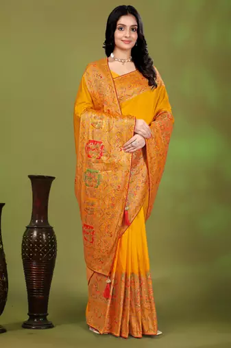 Premium  musturd yellow row pashmina silk blend party wear saree with blouse