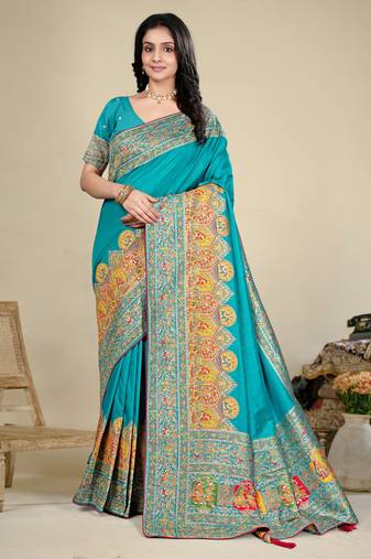 Premium  sky blue  row pashmina silk blend party wear saree with blouse
