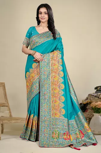 Premium  sky blue  row pashmina silk blend party wear saree with blouse