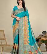 Premium  sky blue  row pashmina silk blend party wear saree with blouse