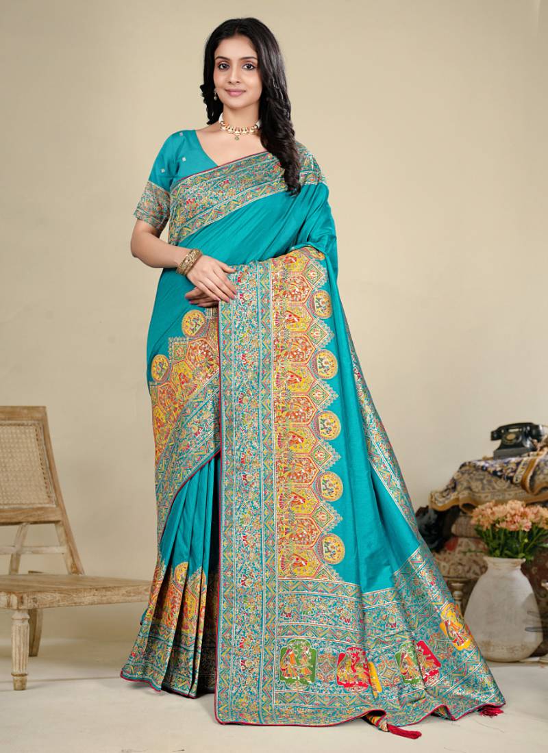 Premium  sky blue  row pashmina silk blend party wear saree with blouse