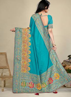 Premium  sky blue  row pashmina silk blend party wear saree with blouse 2