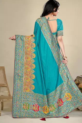 Premium  sky blue  row pashmina silk blend party wear saree with blouse