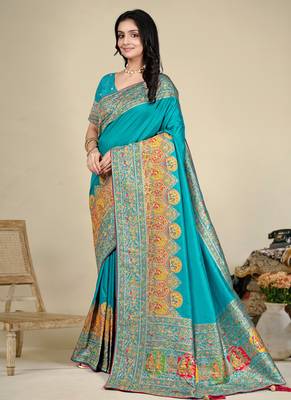 Premium  sky blue  row pashmina silk blend party wear saree with blouse 3