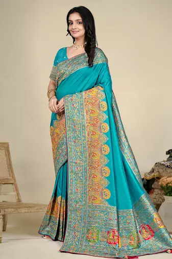 Premium  sky blue  row pashmina silk blend party wear saree with blouse