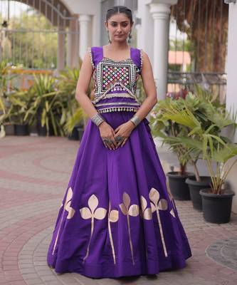 Navratri Roman Silk Lehenga Choli with Pan Patti Gota & Mirror Lace Work - free size 1