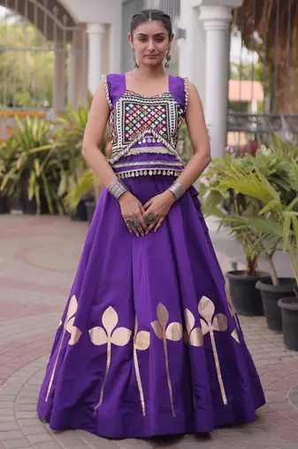 Navratri Roman Silk Lehenga Choli with Pan Patti Gota & Mirror Lace Work - free size