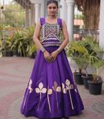 Navratri Roman Silk Lehenga Choli with Pan Patti Gota & Mirror Lace Work - free size