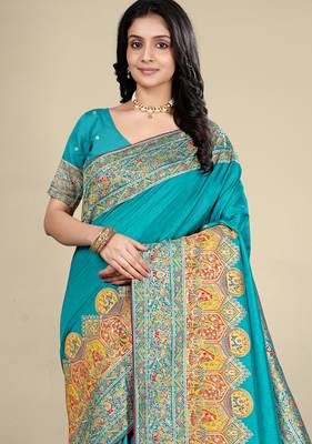 Premium  sky blue  row pashmina silk blend party wear saree with blouse 4