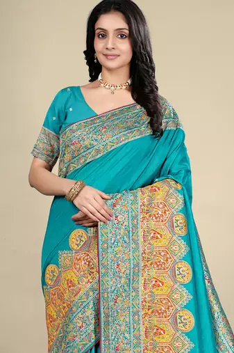 Premium  sky blue  row pashmina silk blend party wear saree with blouse