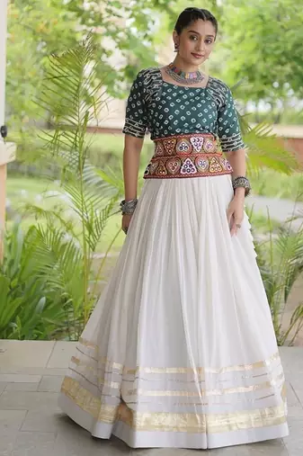 Women’s Navratri Special Cora Cotton Bandhej Lehenga Choli with Gamthi Embroidery, Gota Patti & Lace Work