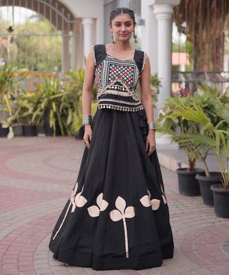 Navratri Roman Silk Lehenga Choli with Pan Patti Gota & Mirror Lace Work - free size 1