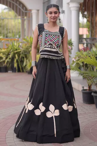 Navratri Roman Silk Lehenga Choli with Pan Patti Gota & Mirror Lace Work - free size
