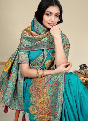 Premium  sky blue  row pashmina silk blend party wear saree with blouse 5