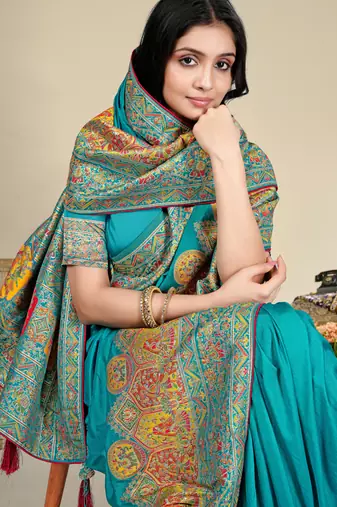 Premium  sky blue  row pashmina silk blend party wear saree with blouse