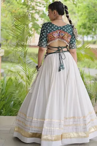 Women’s Navratri Special Cora Cotton Bandhej Lehenga Choli with Gamthi Embroidery, Gota Patti & Lace Work
