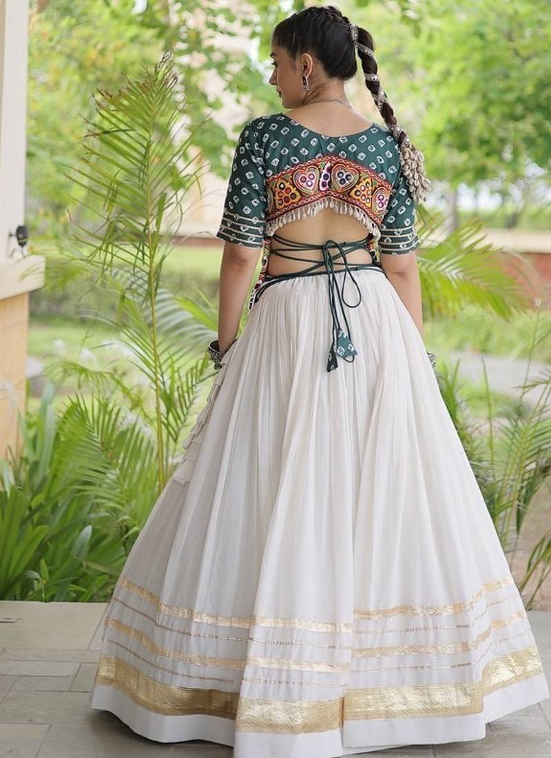 Women’s Navratri Special Cora Cotton Bandhej Lehenga Choli with Gamthi Embroidery, Gota Patti & Lace Work