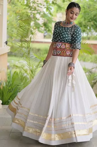 Women’s Navratri Special Cora Cotton Bandhej Lehenga Choli with Gamthi Embroidery, Gota Patti & Lace Work