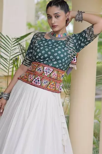 Women’s Navratri Special Cora Cotton Bandhej Lehenga Choli with Gamthi Embroidery, Gota Patti & Lace Work