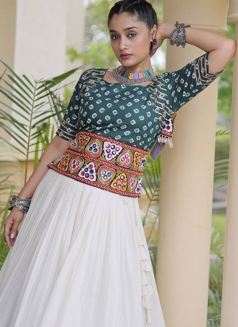 Women’s Navratri Special Cora Cotton Bandhej Lehenga Choli with Gamthi Embroidery, Gota Patti & Lace Work