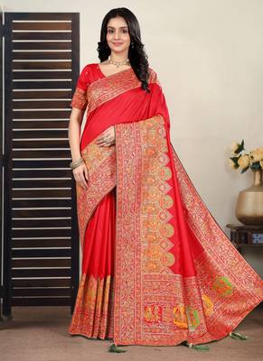 Premium red  row pashmina silk blend party wear saree with blouse 1