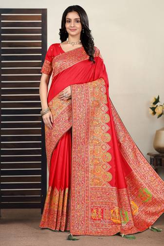 Premium red  row pashmina silk blend party wear saree with blouse