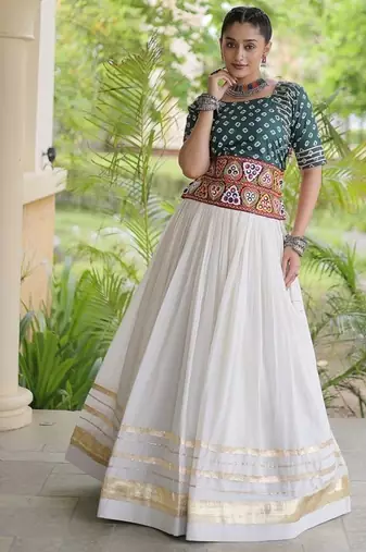 Women’s Navratri Special Cora Cotton Bandhej Lehenga Choli with Gamthi Embroidery, Gota Patti & Lace Work