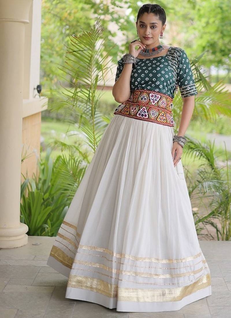 Women’s Navratri Special Cora Cotton Bandhej Lehenga Choli with Gamthi Embroidery, Gota Patti & Lace Work