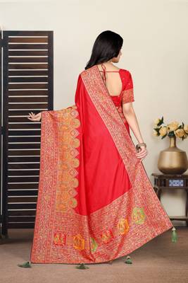 Premium red  row pashmina silk blend party wear saree with blouse 2
