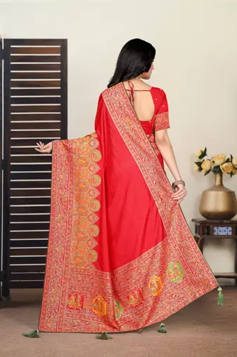 Premium red  row pashmina silk blend party wear saree with blouse