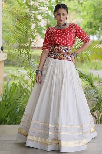 Navratri Cora Cotton Bandhej Lehenga Choli with Gamthi Embroidery Gota Patti & Lace Work - free size