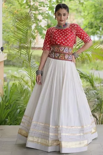 Navratri Cora Cotton Bandhej Lehenga Choli with Gamthi Embroidery Gota Patti & Lace Work - free size