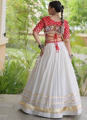 Navratri Cora Cotton Bandhej Lehenga Choli with Gamthi Embroidery Gota Patti & Lace Work - free size 2