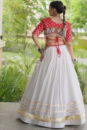 Navratri Cora Cotton Bandhej Lehenga Choli with Gamthi Embroidery Gota Patti & Lace Work - free size