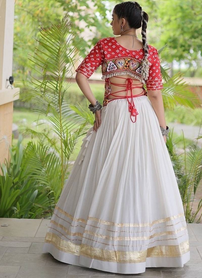 Navratri Cora Cotton Bandhej Lehenga Choli with Gamthi Embroidery Gota Patti & Lace Work - free size